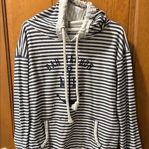 Striped Navy and White Women’s Hooded Sweatshirt.